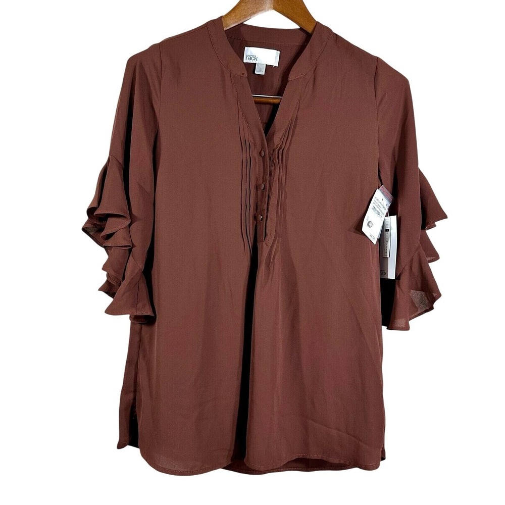Nordstrom Rack Women Brown‎ Ruffle Sleeve Pintuck Split Neck Blouse Small NEW